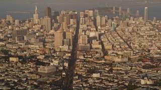 AXSF13_036 - 5K aerial stock footage tilt from Market Street to reveal Downtown San Francisco skyscrapers, California