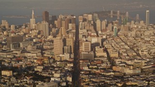 AXSF13_037 - 5K aerial stock footage approach city's skyscrapers and tilt to Market Street, Downtown San Francisco, California