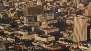AXSF13_039 - 5K aerial stock footage of approaching San Francisco City Hall in Civic Center, San Francisco, California