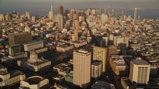 AXSF13_040 - 5K aerial stock footage of panning from city hall to reveal skyscrapers in Downtown San Francisco, California