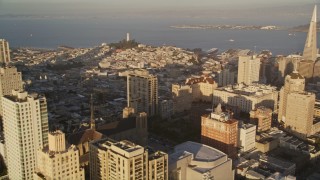 AXSF13_043 - 5K aerial stock footage pan across Russian Hill and Nob Hill revealing Coit Tower in San Francisco, California