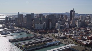 AXSF15_011 - 5K aerial stock footage flyby Transamerica Pyramid and city skyscrapers in Downtown San Francisco, California