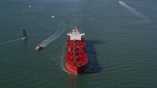 AXSF15_015 - 5K aerial stock footage of flying over oil tanker sailing San Francisco Bay, San Francisco, California