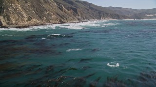 AXSF16_082 - 5K aerial stock footage flying over ocean kelp near coastal cliffs, Big Sur, California