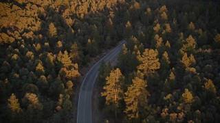 AXSF17_058 - 5K aerial stock footage of following a road through forest, Los Padres National Forest, California, sunset