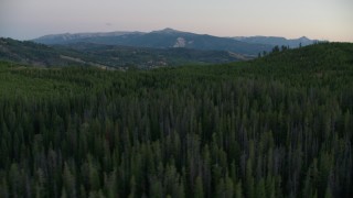 CAP_002_010 - HD stock footage aerial video flyby hills and forest in Jackson Hole, Wyoming, twilight