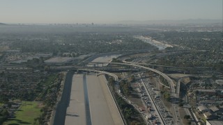 CAP_003_004 - HD stock footage aerial video of freeway interchange and LA River in Lynwood, California