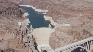 CAP_008_004 - HD stock footage aerial video orbit Hoover Dam and the Colorado River, Nevada