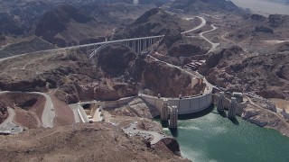 CAP_008_008 - HD stock footage aerial video of Kingman Wash Access Road, Hoover Dam, and the bypass bridge, Nevada
