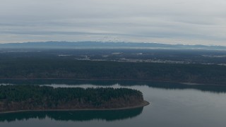 CAP_009_005 - HD stock footage aerial video of Mount Rainier seen from Puget Sound, Pierce County, Washington