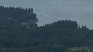 CAP_009_010 - HD stock footage aerial video track an airplane flying over evergreen trees on the shore of Puget Sound, Washington