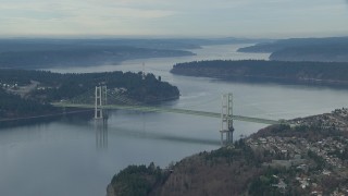 CAP_009_012 - HD stock footage aerial video of the Tacoma Narrows Bridge spanning Puget Sound, Washington