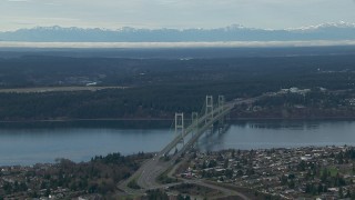 CAP_009_015 - HD stock footage aerial video of the Olympic Mountains and the Tacoma Narrows Bridge, Washington
