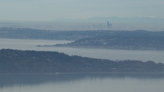 CAP_009_023 - HD stock footage aerial video of the Downtown Seattle skyline seen from Puget Sound, Washington