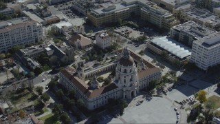 CAP_012_014 - HD stock footage aerial video approach Pasadena City Hall in Pasadena, California