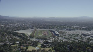 CAP_012_015 - HD stock footage aerial video approach the Santa Anita Park horse racing track in Arcadia, California