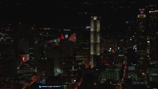 CAP_013_006 - HD stock footage aerial video flyby skyscrapers to reveal Mercedes Benz Stadium at night, Downtown Atlanta, Georgia