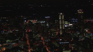 CAP_013_007 - HD stock footage aerial video orbit skyscrapers and city buildings at night, Downtown Atlanta, Georgia