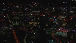 CAP_013_088 - HD stock footage aerial video of orbiting the state capitol building at night, Downtown Atlanta, Georgia