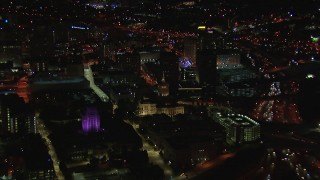 CAP_013_093 - HD stock footage aerial video of flying away from the state capitol building at night, Downtown Atlanta, Georgia