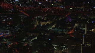 CAP_013_101 - HD stock footage aerial video zoom from state capitol building at night, reveal skyscrapers, Downtown Atlanta, Georgia