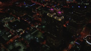 CAP_013_110 - HD stock footage aerial video bird's eye view of downtown, reveal skyscrapers at night, Downtown Atlanta, Georgia