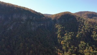 CAP_014_009 - 2.7K stock footage aerial video reverse view of a waterfall at Chimney Rock, North Carolina