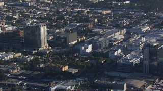 CAP_016_002 - HD stock footage aerial video zoom to closer view of apartment and college buildings in Hollywood, California