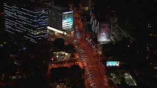 CAP_018_145 - HD stock footage aerial video of cars lining Sunset Strip at night in West Hollywood, California