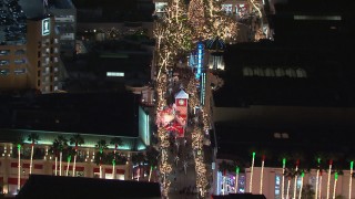 CAP_018_160 - HD stock footage aerial video of holiday decorations at The Grove shopping mall at night in Los Angeles, California