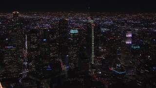 CAP_018_203 - HD stock footage aerial video wide orbit of Wilshire Grand Center at night, Downtown Los Angeles, California