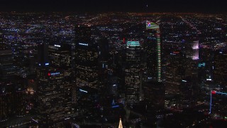 CAP_018_204 - HD stock footage aerial video of towering skyscrapers at night, Downtown Los Angeles, California