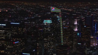 CAP_018_205 - HD stock footage aerial video of two towering skyscrapers at night, Downtown Los Angeles, California