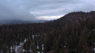 CAP_019_002 - 4K stock footage aerial video of flying over evergreen forest near snowy hill, Inyo National Forest, California