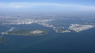 CAP_020_004 - HD stock footage aerial video of a wide view of downtown, Virginia Key and Biscayne Bay, Miami, Florida