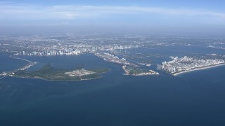 CAP_020_005 - HD stock footage aerial video of a view of downtown, Virginia Key and Biscayne Bay, Miami, Florida