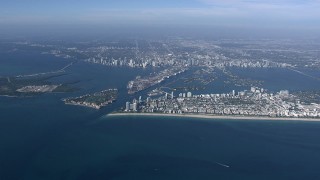 CAP_020_008 - HD stock footage aerial video of a wide view of the bay, port and islands near Downtown Miami, Florida