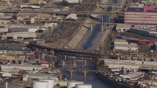 CAP_021_087 - HD stock footage aerial video of bridges spanning the Los Angeles River, Boyle Heights, California