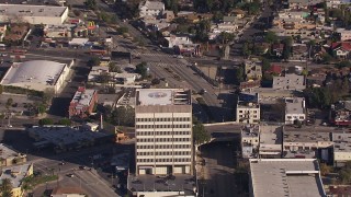 CAP_021_112 - HD stock footage aerial video zoom to a closer view of an office building in Echo Park, Los Angeles, California