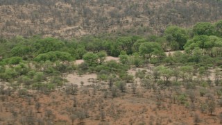 CAP_026_080 - HD stock footage aerial video of zooming in on a dry riverbed and trees in savanna, Zimbabwe