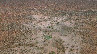 CAP_026_093 - HD stock footage aerial video fly over a pond and tilt to trees and bushes in the savanna, Botswana