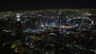 DCA01_019 - 5K aerial stock footage Downtown Los Angeles skyscrapers and city lights at night, California