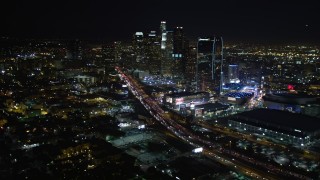 DCA01_022 - 5K aerial stock footage Downtown Los Angeles skyline and city lights at night, California