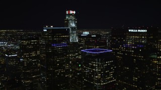 DCA01_031 - 5K aerial stock footage flying through Downtown Los Angeles skyscrapers at night, California