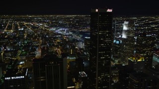 DCA01_032 - 5K aerial stock footage Downtown Los Angeles skyscrapers and city lights at night, California