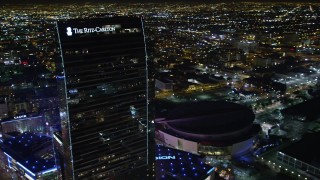 DCA01_033 - 5K stock footage aerial video orbiting The Ritz-Carlton, Downtown Los Angeles, California