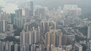 DCA02_021 - 4K aerial stock footage flyby Kwai Chung apartment buildings, Hong Kong, China
