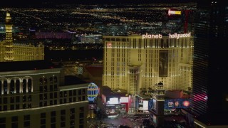 DCA03_012 - 4K aerial stock footage of the Las Vegas Strip, from Paris and Bellagio to Planet Hollywood, Las Vegas, Nevada Night