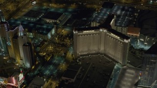 DCA03_075 - 4K aerial stock footage pan across New York New York, Monte Carlo, Aria, Mandarin Oriental, Veers Towers, Las Vegas, Nevada Night
