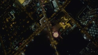DCA03_087 - 4K aerial stock footage of bird's eye view of Las Vegas Boulevard, Sahara Hotel and Casino, Las Vegas, Nevada Night